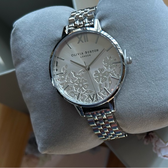 Olivia Burton All Silver Bejewelled Watch With 34mm Lace Detail Floral Face. - Picture 6 of 10
